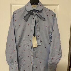 Gucci Strawberry Embroidered Bow Blouse